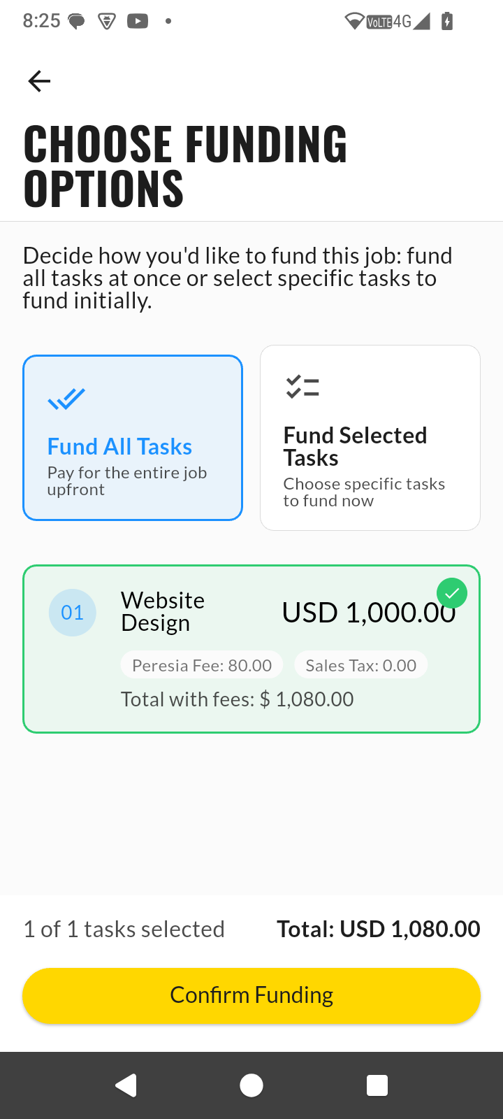 Peresia app hire screen