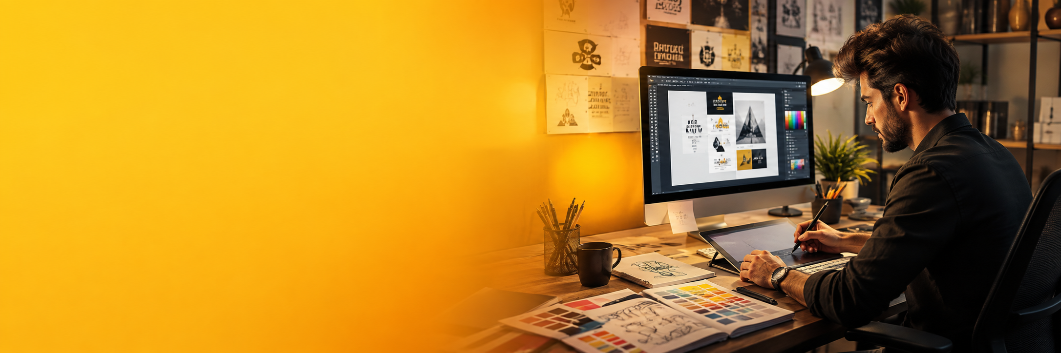 Graphic designer creating visuals at a desk, yellow-themed banner