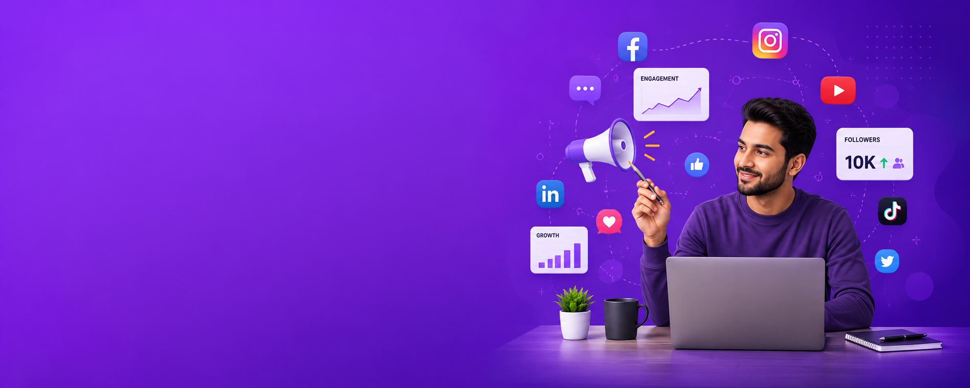 Social media marketer planning campaigns, purple-themed banner